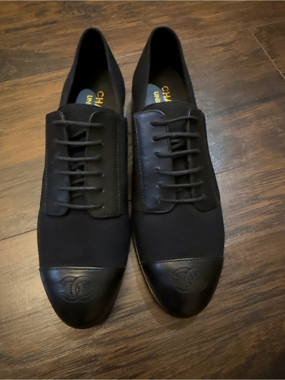 Women’s size 38C CHANEL Black Cap-Toe Oxford  with Embossed CC - uniform